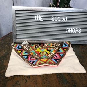 Sorpresa Beige Canvas Multicolor Beaded Clutch NWT